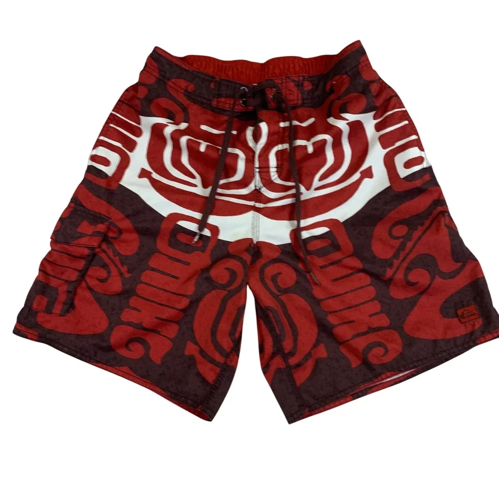 Y2K Quiksilver Mens Tribal‎ Graphic Surf Board Shorts Red Brown Size Small Beach